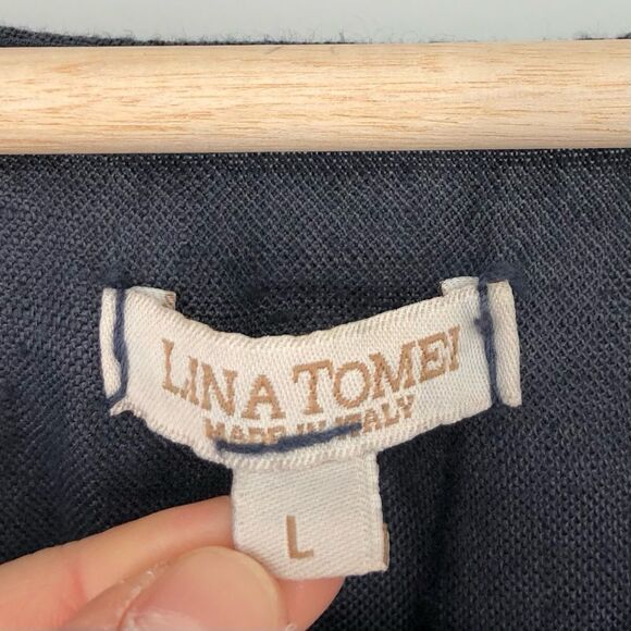 Lina Tomei Embroidered Top Womens Large Blue 100% Linen Floral Roll Tab Sleeves - Picture 5 of 13